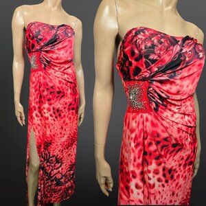 Y2K Maxi Dress Size L Rhinestone Leopard Print Coral Pink Strapless Mcbling